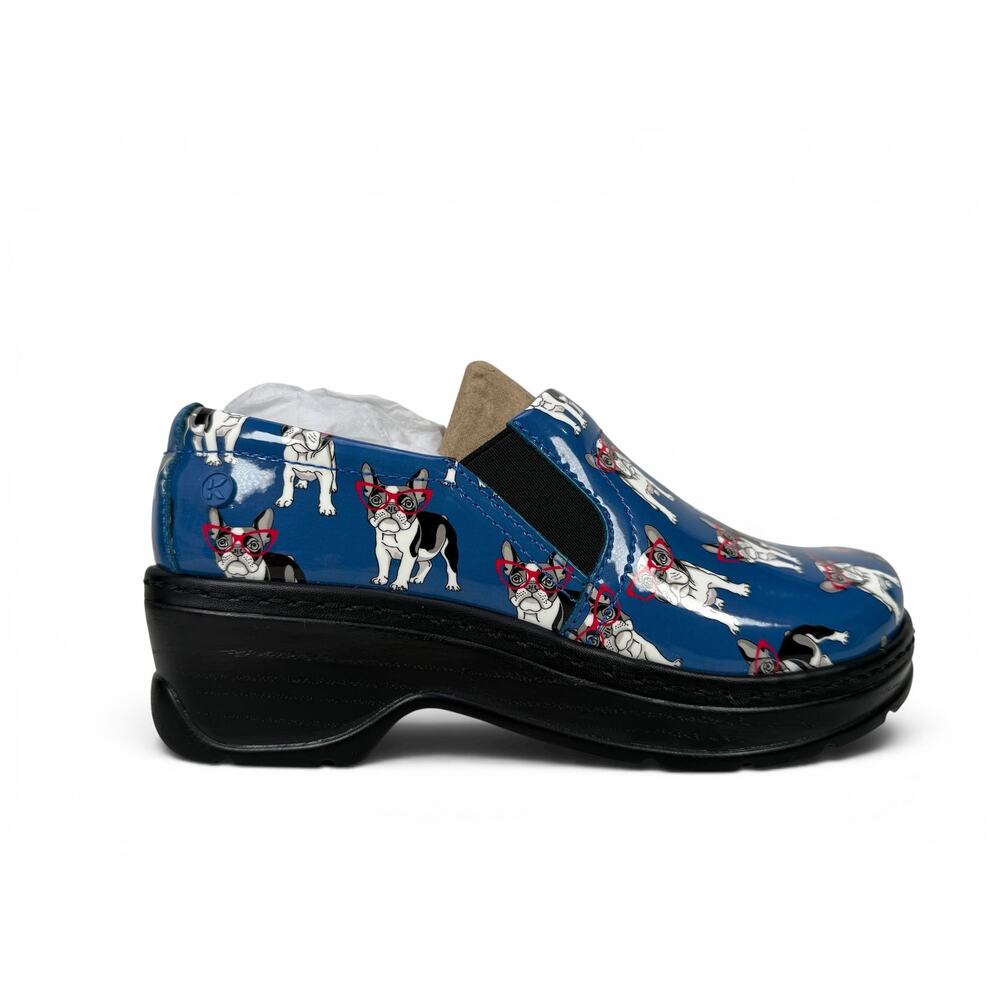 Klogs Naples Clogs Womens 6.5 M Bully Patent Blue Dog Print Comfort Slip On